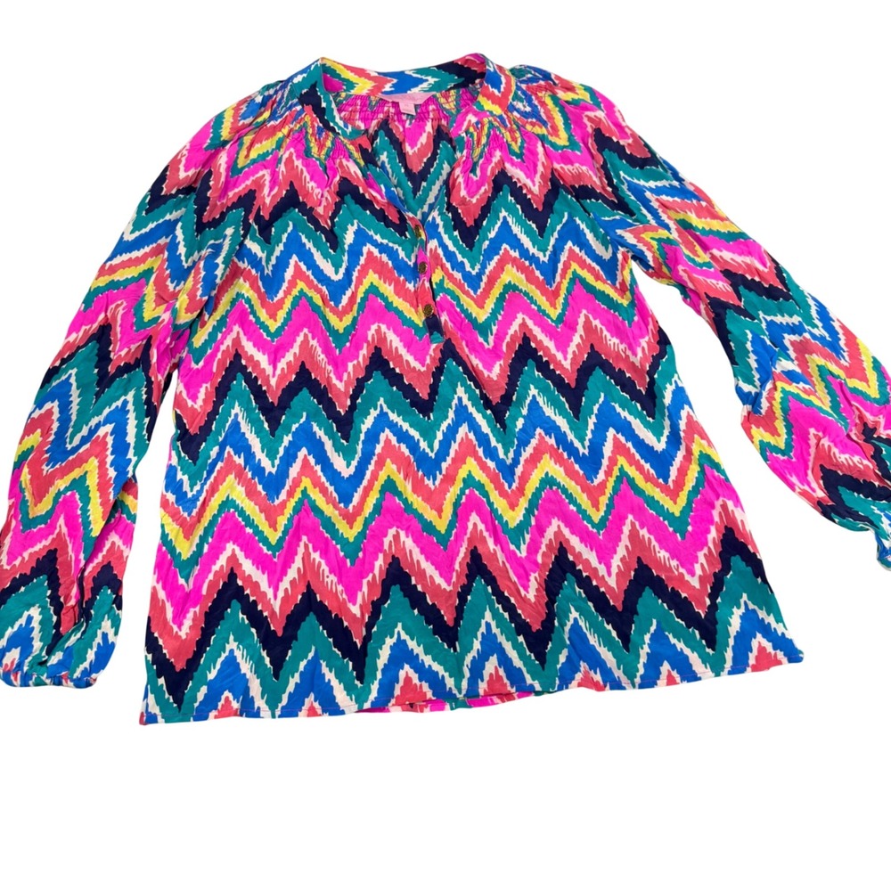 Lilly Pulitzer XS Silk Blouse Pink Blue‎ Ikat Chevron Zig Zag Button Front Top